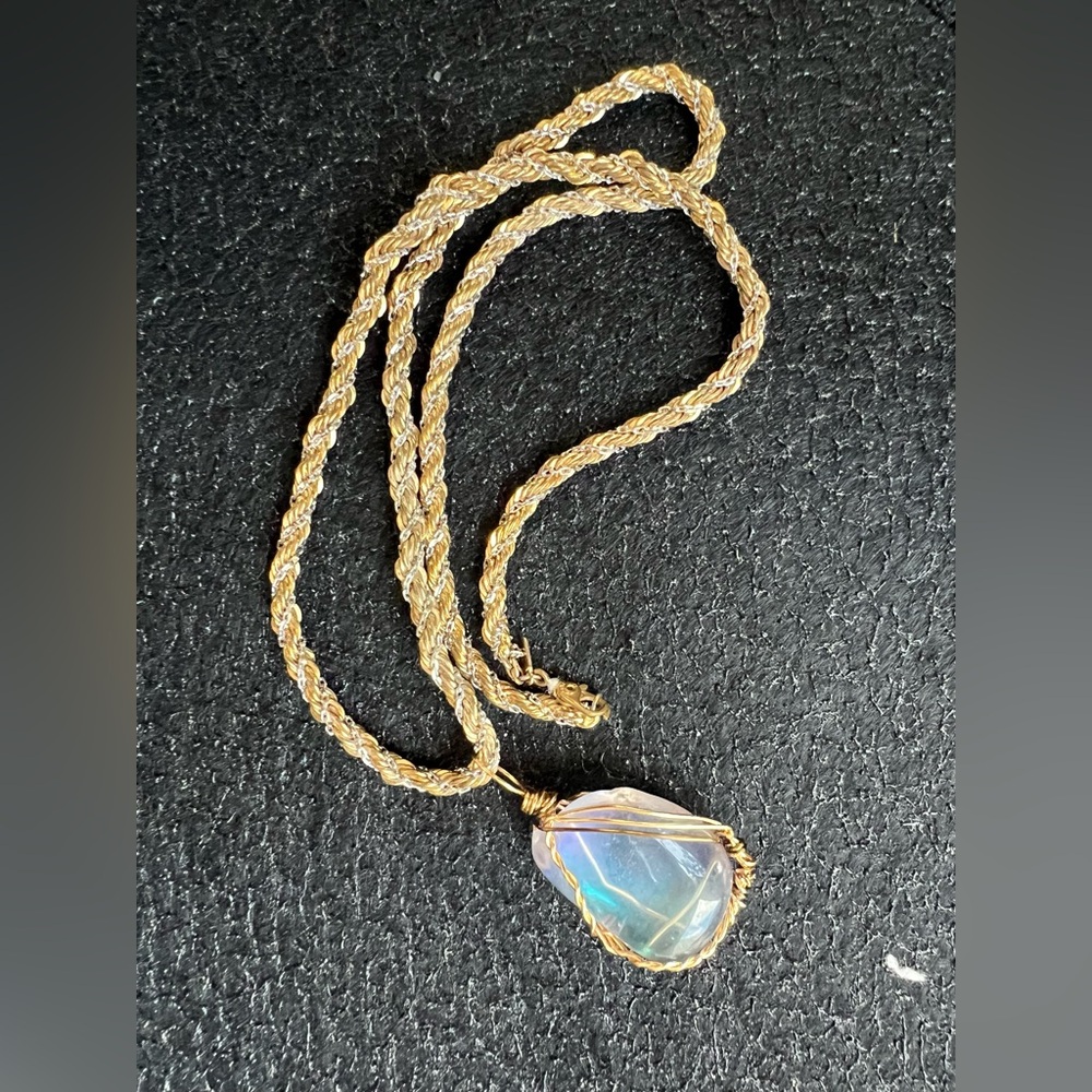 Aura Gemstone Wrapped Pendant w/ Vintage Monet Chain | 18" - Picture 7 of 15